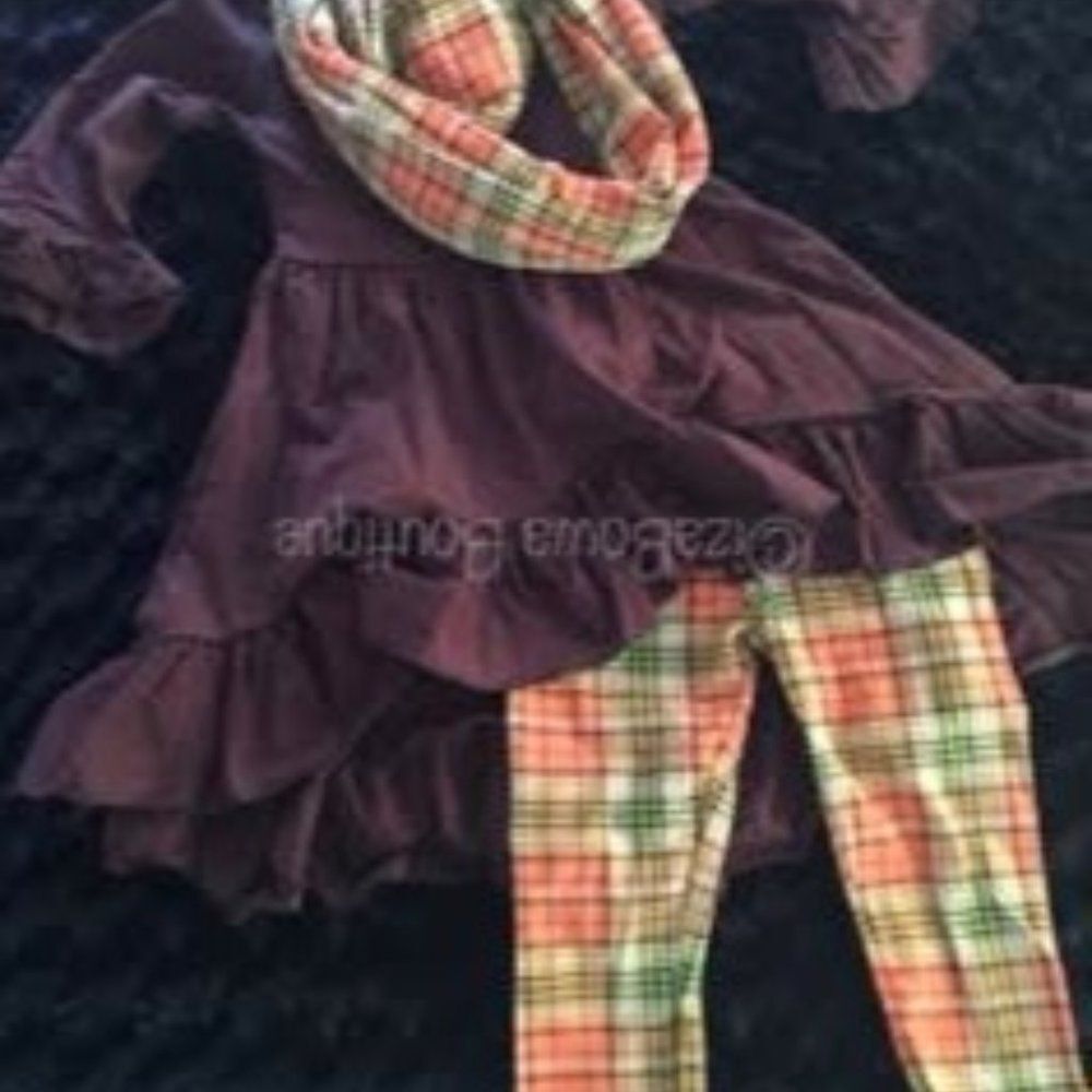 ***** Brown Hi/Lo Shirt with Plaid Pants 3 pc Set  1227XS  XS 2T  NWT Boutique
